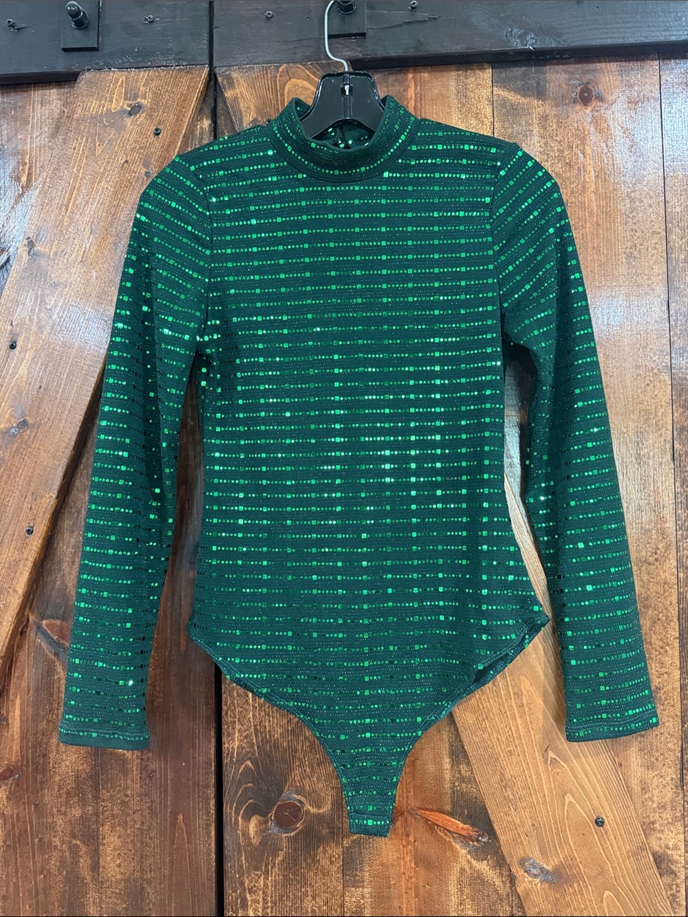 iris Green and Black Sparkle Long Sleeve Mock Neck Bodysuit
